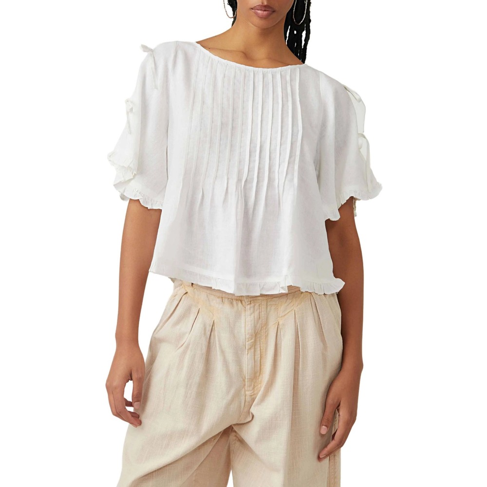 Free People Lilia Pintuck Top M Ivory tie Shoulder Linen Blend